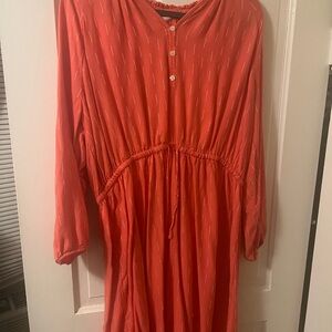 Red Long-Sleeve Dress with Button Detail
